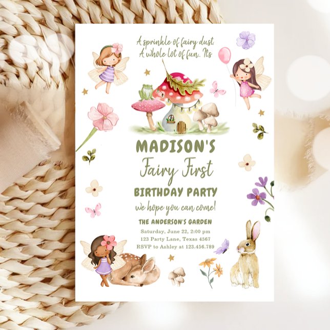 Convites Fada Primeira Rapariga de Aniversário 1 Floresta d (Criador carregado)