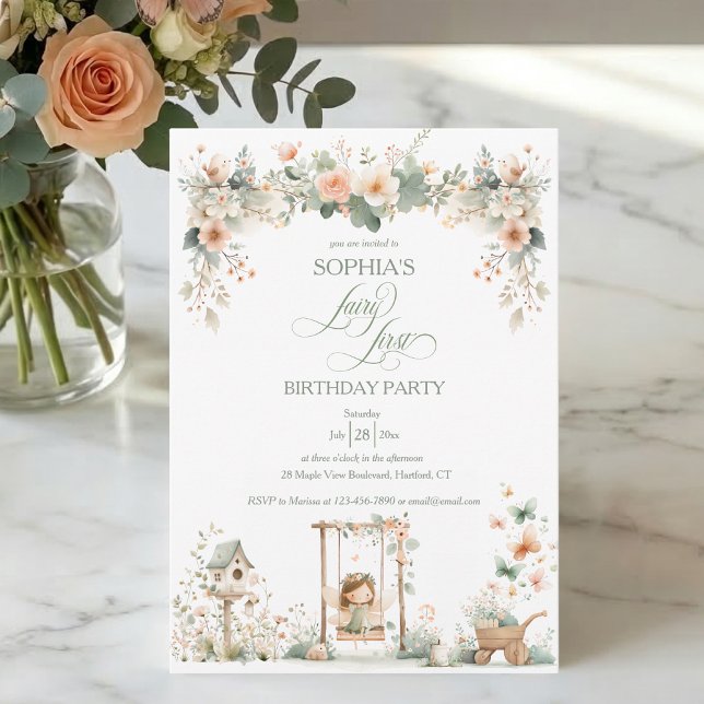 Convites Fada Primeiro Aniversário da Menina Personalizado (cute elegant floral garden fairy first birthday party invitation for girls)