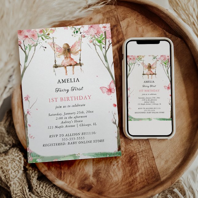 Convites Fada Primeiro Aniversário em Aquarela Meninas (Criador carregado)