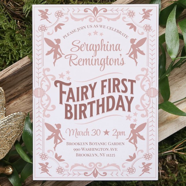 Convites Fada Primeiro Aniversário Festa de Boas Meninas Ro (fairy first birthday party invitation girls 1st bday invite magical whimsical princess pixie pink)