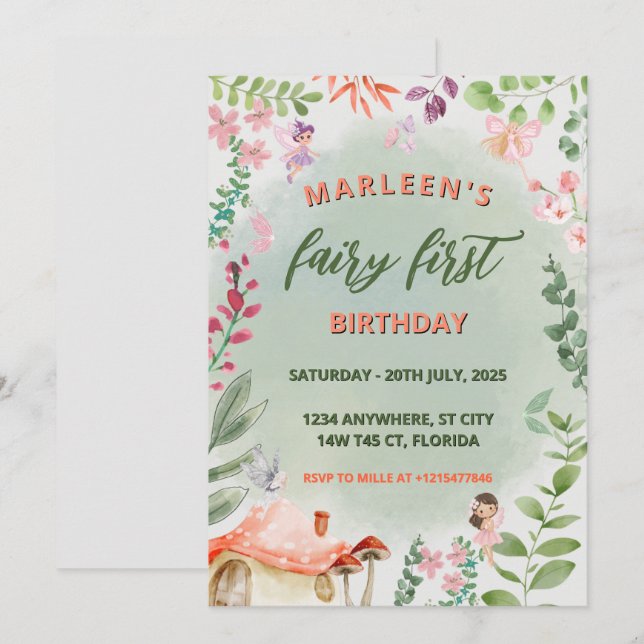 Convites Fada Primeiro Aniversário Floresta Cogumelo Aquoso (Frente/Verso)