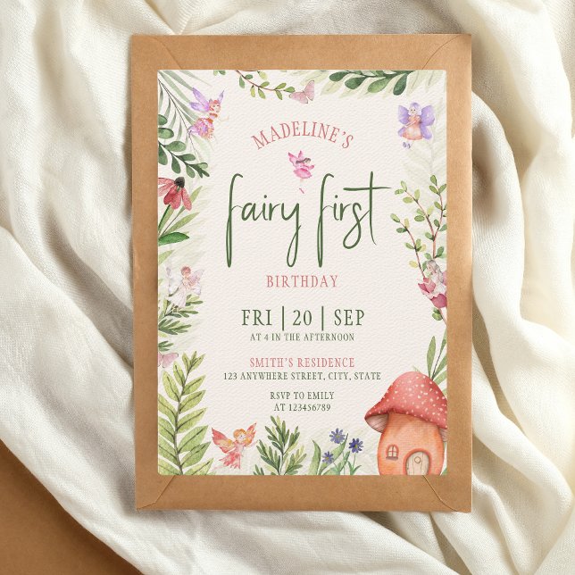 Convites Fada Primeiro Aniversário Floresta Cogumelo Aquoso (fairy first 1st birthday invitation)