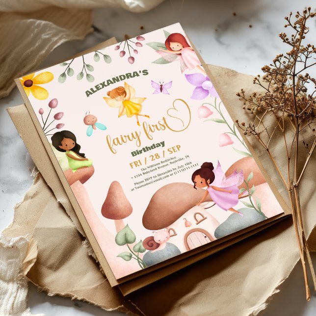 Convites Fada Primeiro Aniversário Floresta Cogumelo Aquoso (Criador carregado)