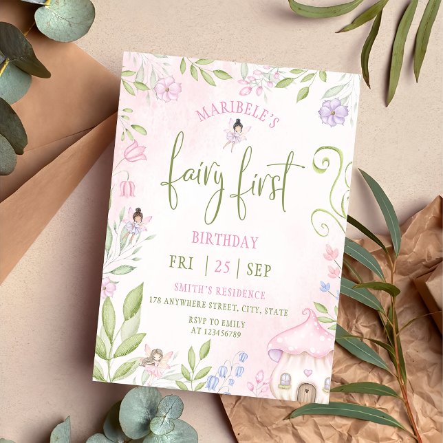 Convites Fada Primeiro Aniversário Floresta Cogumelo Aquoso (Criador carregado)