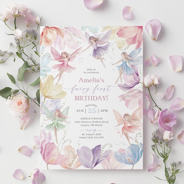 Convites Fada primeiro aniversario Rainbow Fairy Girls (Rainbow Fairy First Birthday Invitation | Girl's 1st birthday fairy invitation | Rainbow flowers)