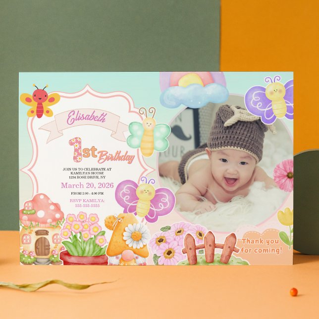 Convites Fada Primeiro Aniversário Rosa Foto Borboleta  (Fairy First Pink Photo Butterfly 1st Birthday Invitation)