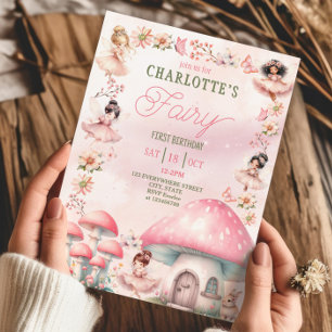 Convites Fada Primeiro Cogumelo Casa Rosa Aniversário