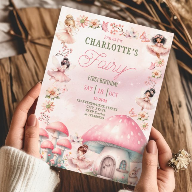 Convites Fada Primeiro Cogumelo Casa Rosa Aniversário (Criador carregado)