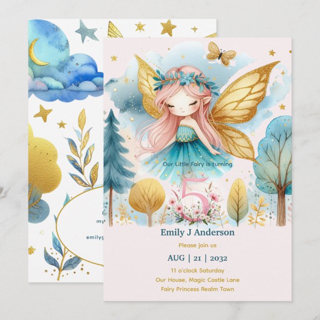 Convites Fada Princesa 5 Aniversário CINCO Fairycore Rosa (Frente/Verso)