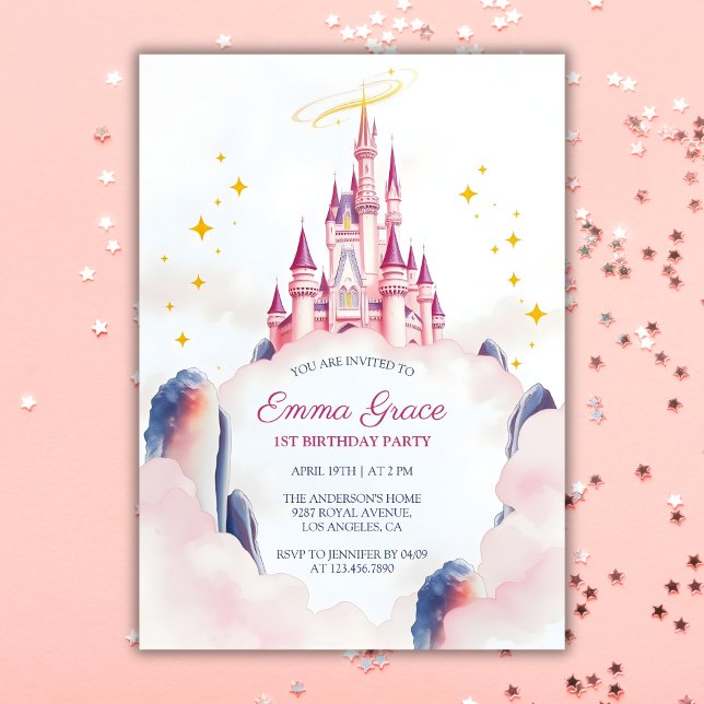 Convites Fada - Princesa Castelo Rosa Garota Rosa Aniversár (Fairytale Princess Castle Pink Girl Birthday Invitation)