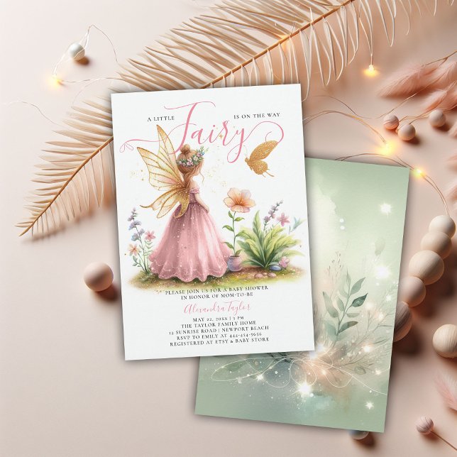 Convites Fada Princesa Encantada, Chá De Bebê Rosa (fairy princess baby girl shower invitation pink elegant cute watercolor enchanted garden forest)