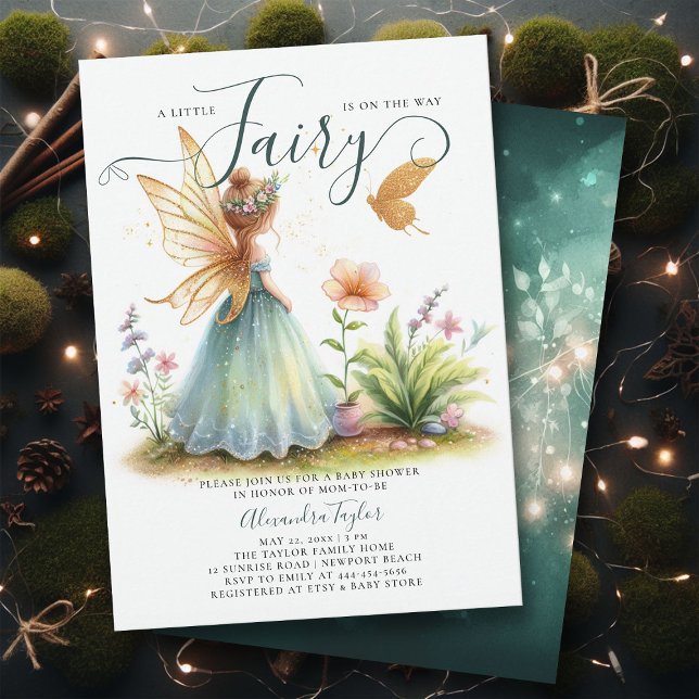 Convites Fada Princesa Encantada Chá de Emerald Baby Girl (a little fairy girl baby shower invitation enchanted forest garden butterfly princess emerald gold)