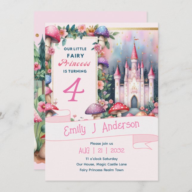 Convites Fada Princesa Festa de aniversário Rosa Fairycore (Frente/Verso)