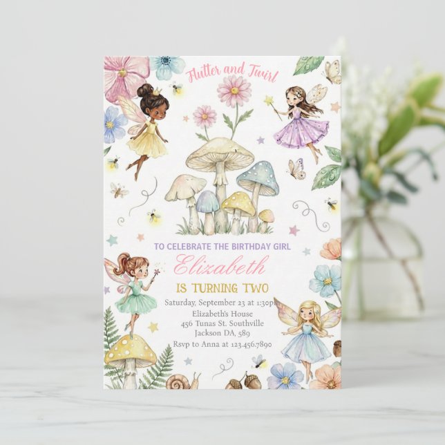 Convites Fada Princesa Jardim de Flores Meninas Aniversário (Em pé/Frente)