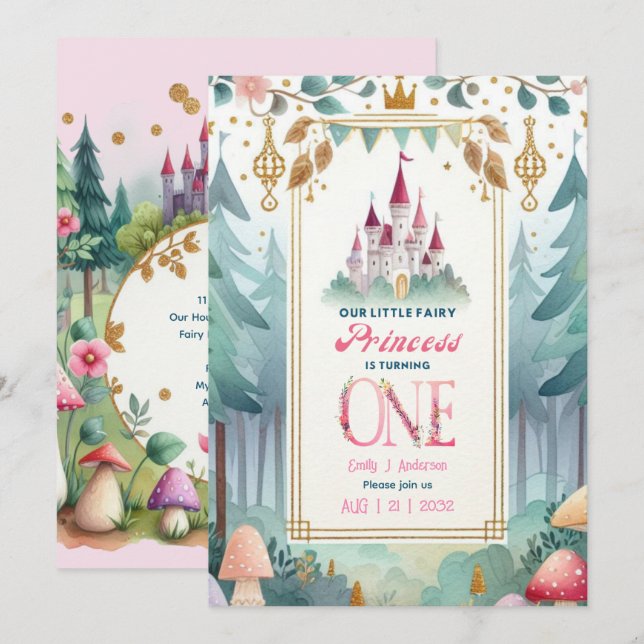 Convites Fada Princesa primeiro aniversario Fairytale Fairy (Frente/Verso)