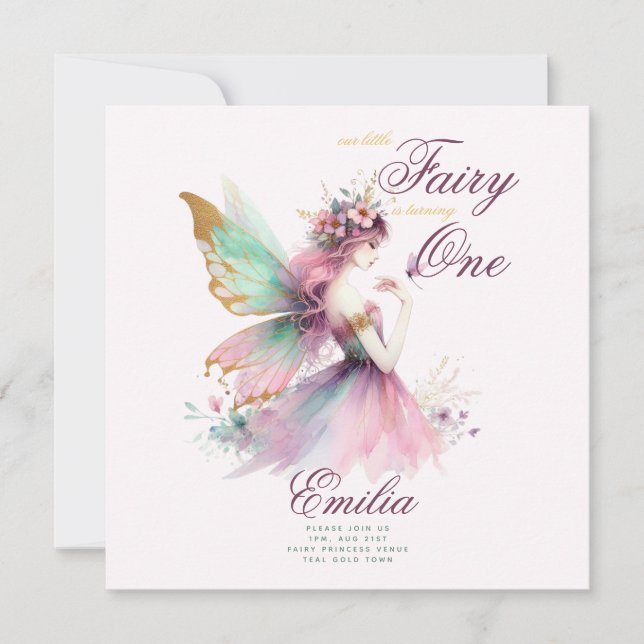 Convites Fada Princesa primeiro aniversario ou EDIT AGE Tea (Frente)