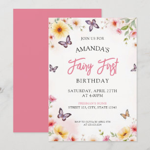 Convites Fada rosa e primeiro aniversario de borboleta flor