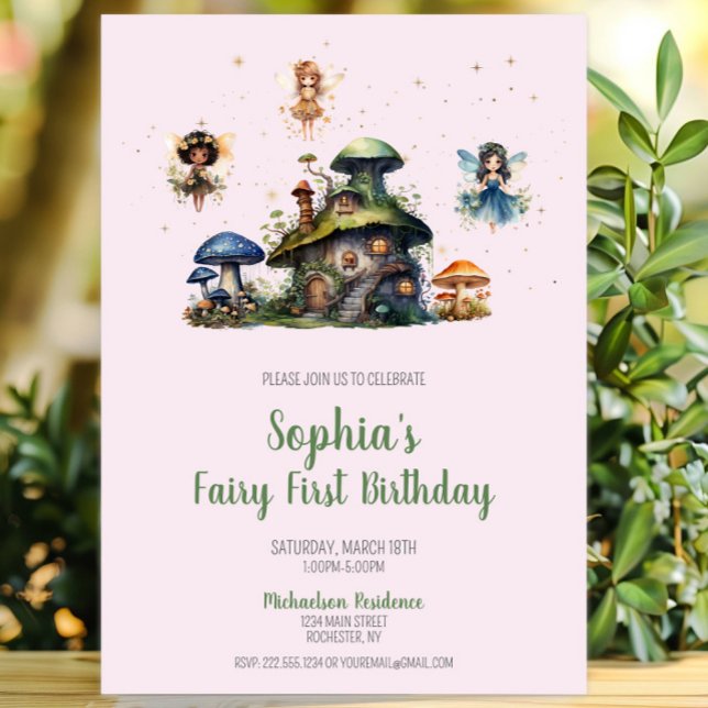 Convites Fada Rosa Encantada Primeiro Cogão de Aniversário (Enchanted Fairy First Birthday Mushroom Invitation, Whimsical Fairy Garden Invite, Woodland Pixie)
