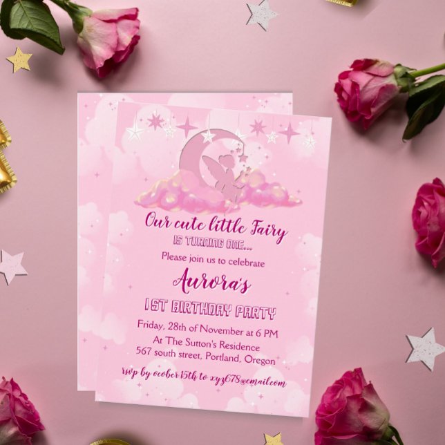 Convites Fada rosa entorpecente nas nuvens, Aniversário (Criador carregado)