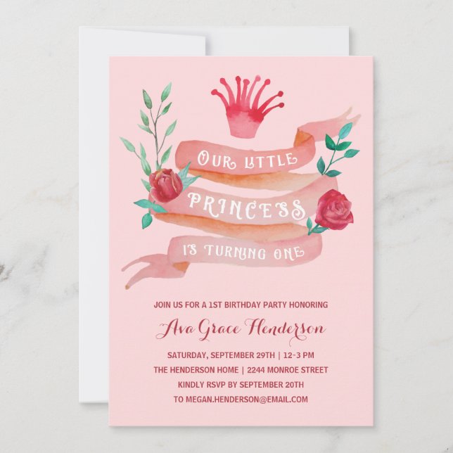 Convites Fada Rosa Tale Princesa primeiro aniversario (Frente)
