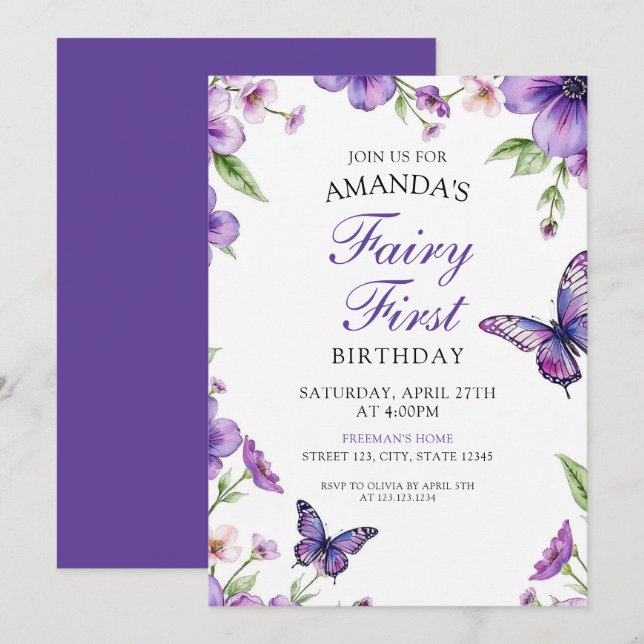 Convites Fada Roxa Borboleta Floral Primeiro Aniversário (Frente/Verso)