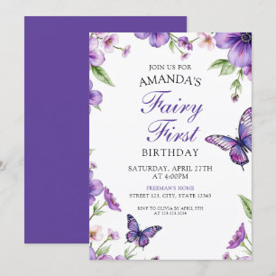 Convites Fada Roxa Borboleta Floral Primeiro Aniversário