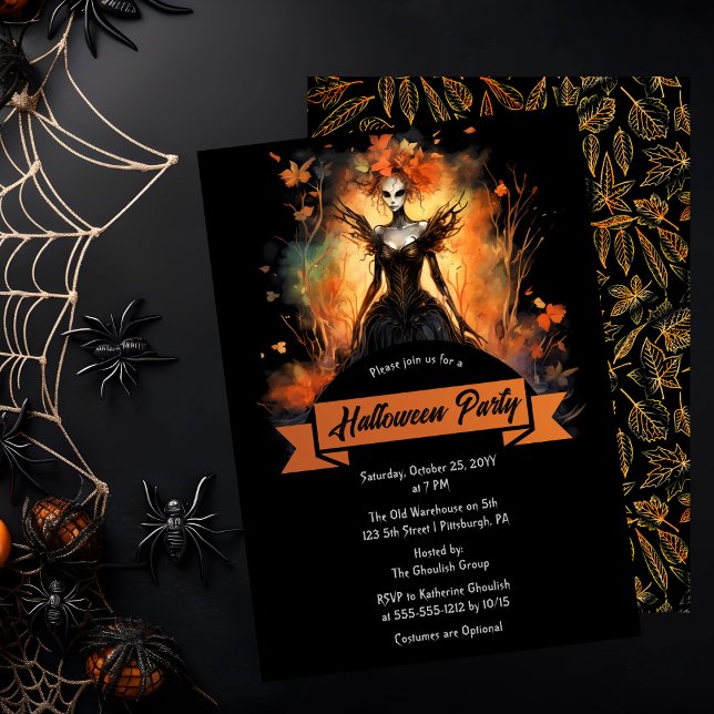 Convites Fada Sombria Gótica | Folhas Festa de Halloween  (Gothic Eerie Faerie and Leaves Halloween Party Invitation)