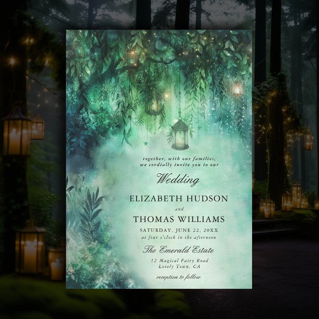 Convites Fada-Tema Florestal Encantada Encantada por Casame (dark romantic wedding invitation enchanted forest theme fairytale romantic fairy lights emerald boho)