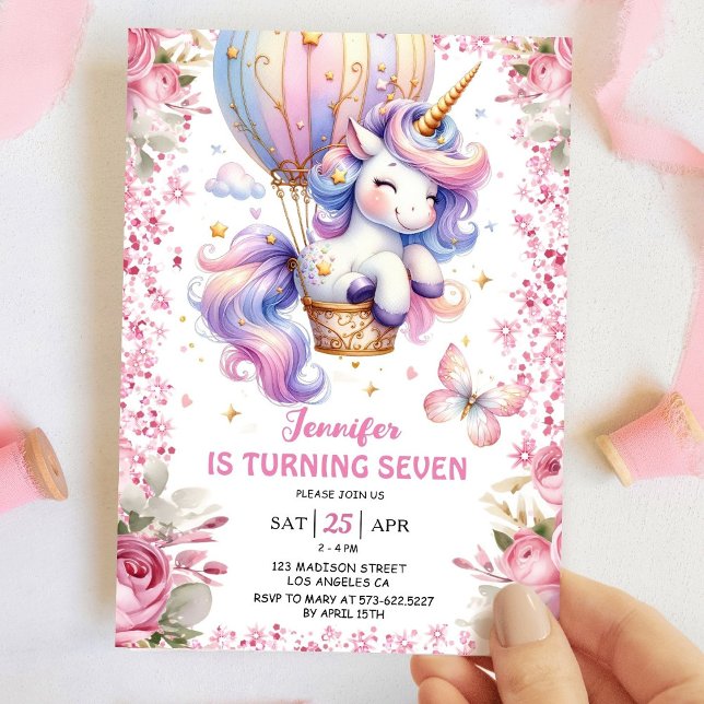 Convites Fada Unicorn 7 Birthday Girl Pink Unicorn (Criador carregado)