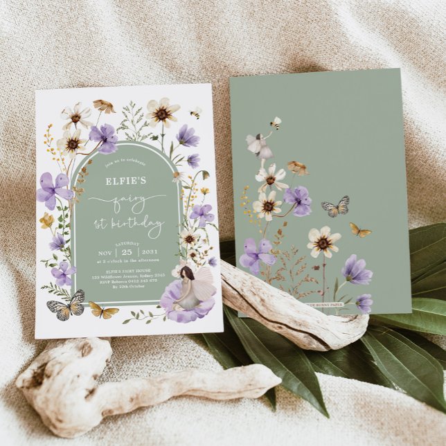 Convites Fada Verde Roxa Primeira Festa de aniversário (Criador carregado)