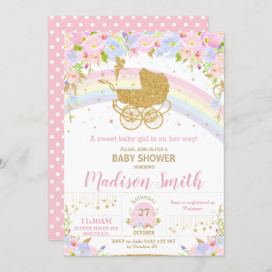 Convites Fada Vintage Pram Chá de fraldas Dourado Floral