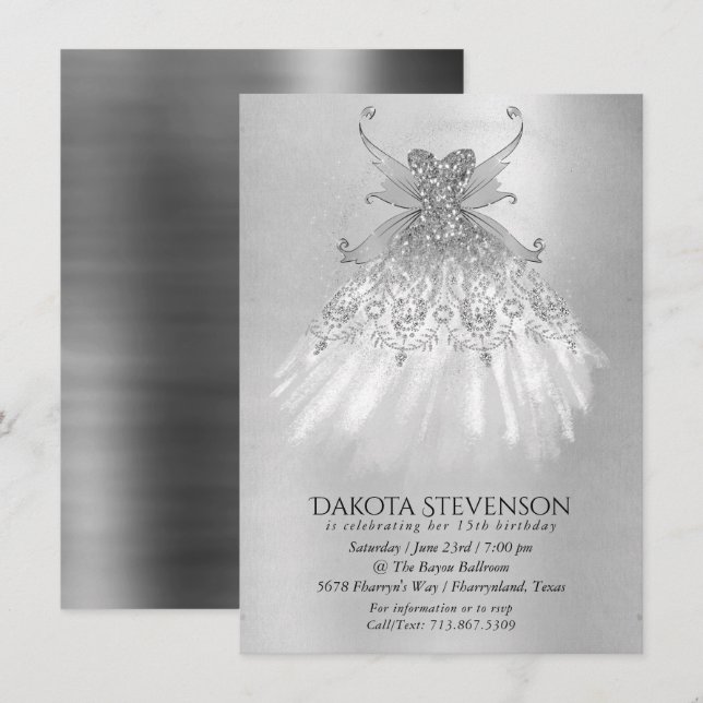 Convites Fada Wing Silver Gown | Platinum Foil Faux Sheen (Frente/Verso)