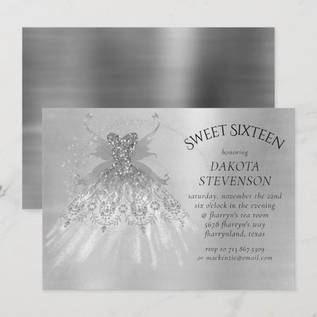 Convites Fada Wing Silver Gown | Platinum Foil Faux Sheen (Frente/Verso)