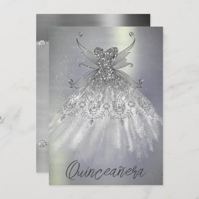 Convites Fada Wing Silver Gown | Platinum Foil Faux Sheen (Frente/Verso)