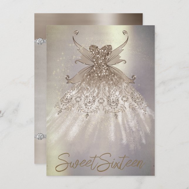 Convites Fada Wing Taupe Gown | Champagne Elegant Sheen (Frente/Verso)