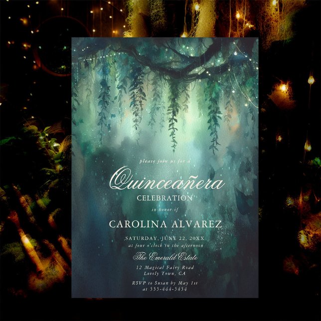 Convites Fadas de Floresta Encantadas Luzes Mágicas Qincean (enchanted forest quinceanera invitation card template watercolor vines fairy lights elegant classy)