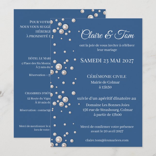 Convites Faire-part de mariage élégant bleu marine  (Frente/Verso)