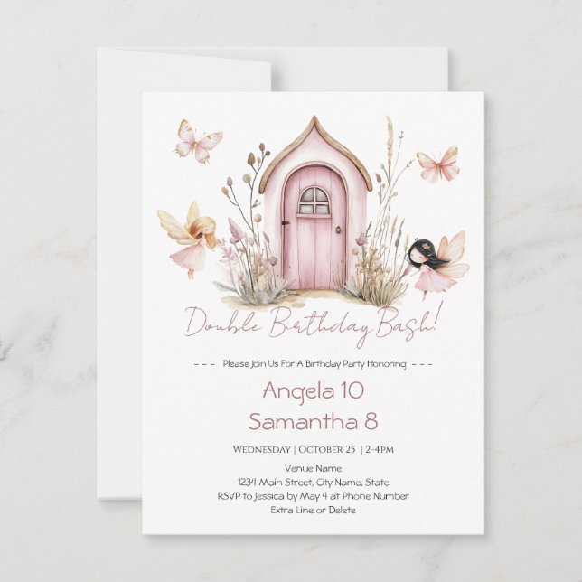 Convites Fairies Rosa Duplos Crianças de Bash de Aniversári (Frente)