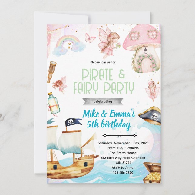 Convites Fairy and Pirate birthday party invitation (Frente)
