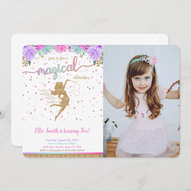 Convites Fairy Birthday Photo Invitation (Frente/Verso)
