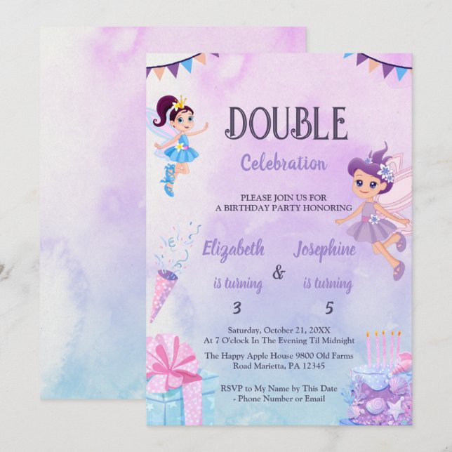 Convites Fairy Double Birthday Party For Girls (Frente/Verso)