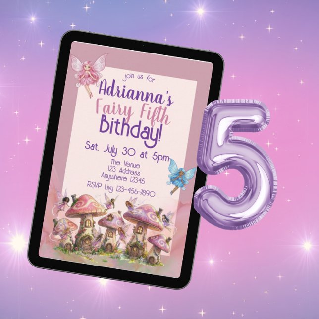 Convites Fairy Fifth, Pink Purple 5th Birthday (Criador carregado)