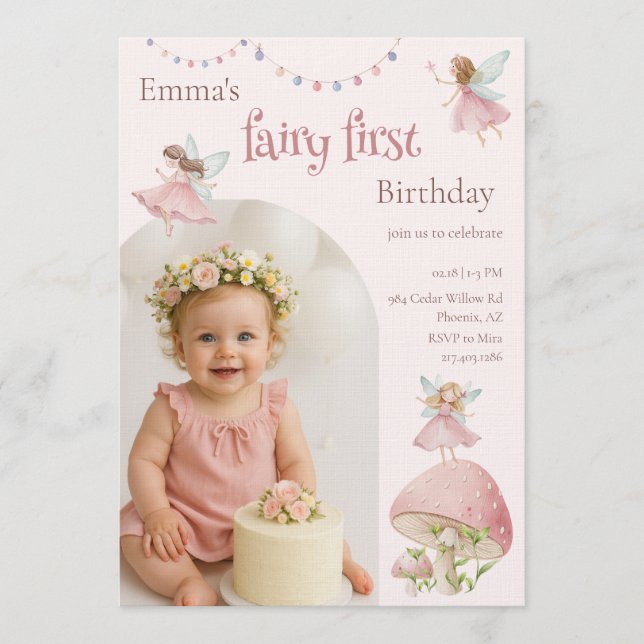 Convites Fairy First 1st Birthday Enchanted Magical (Frente)