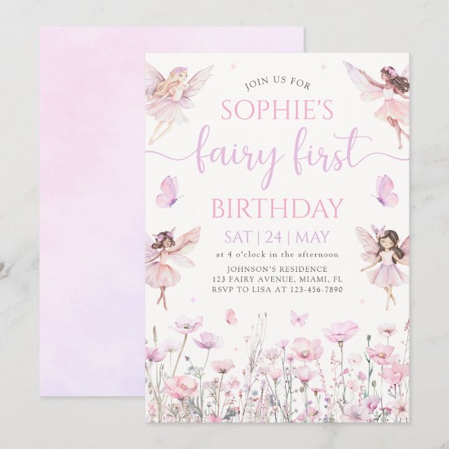 Convites Fairy First 1st Birthday Party Invitation (Frente/Verso)