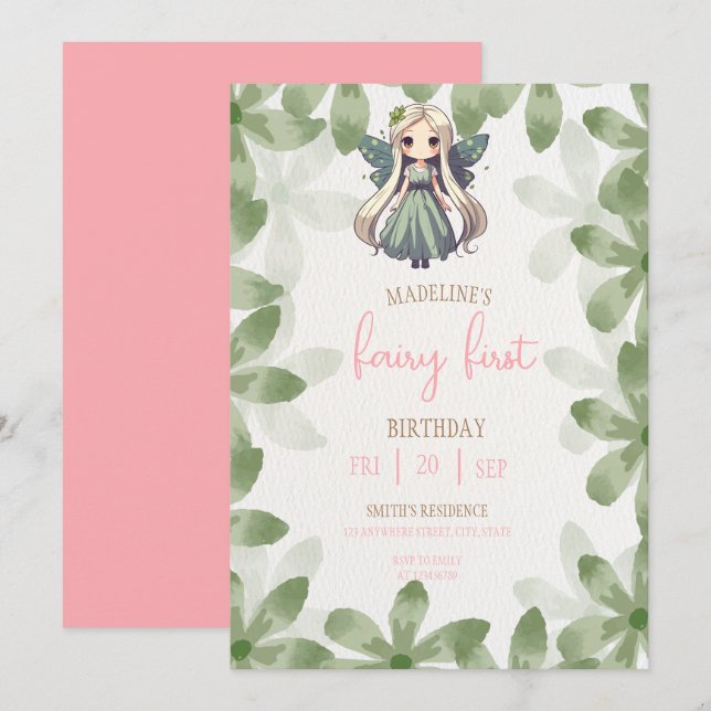 Convites Fairy First Birthday Forest Watercolor Mushroom  (Frente/Verso)