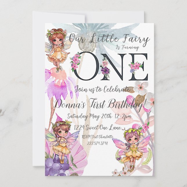 Convites Fairy First Birthday Invance (Frente)