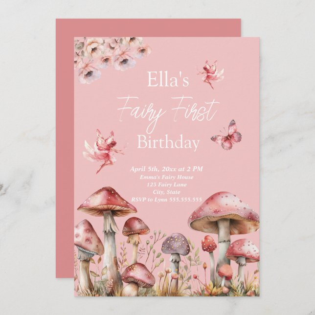 Convites Fairy First Birthday Invance (Frente/Verso)