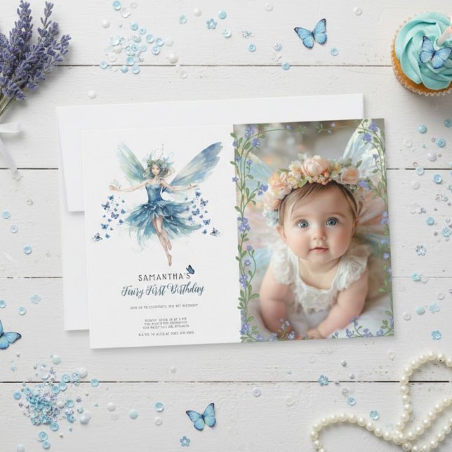 Convites Fairy First Birthday Invitation | Dusty Blue (Criador carregado)