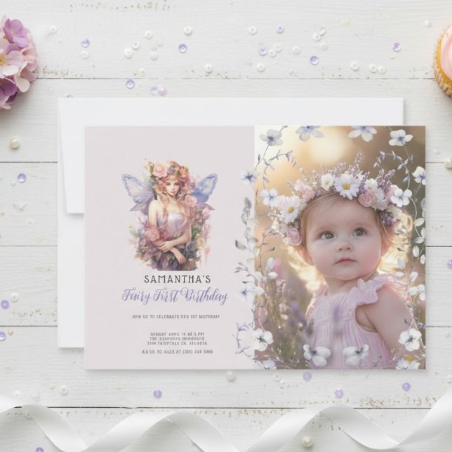 Convites Fairy First Birthday Invitation | Dusty Purple (Criador carregado)