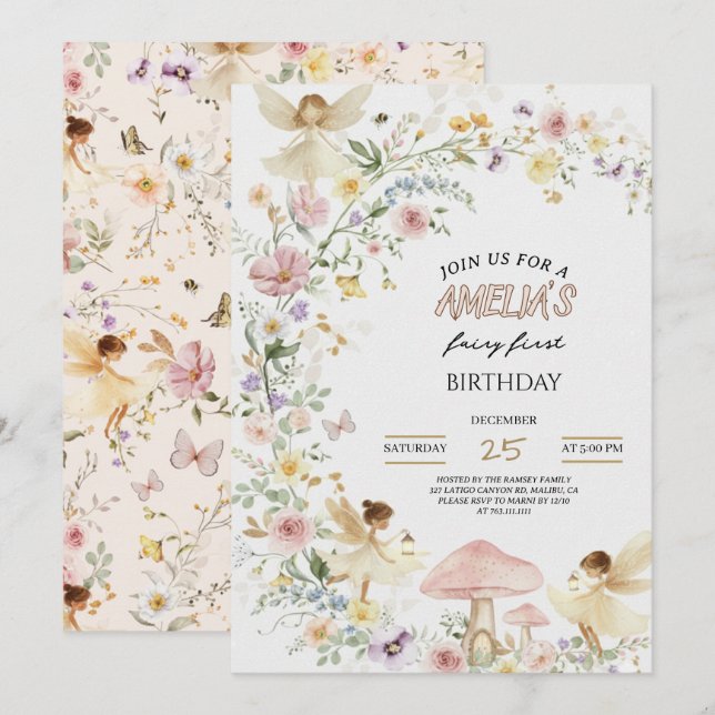 Convites Fairy First Birthday Invitation Wildflower 1st (Frente/Verso)